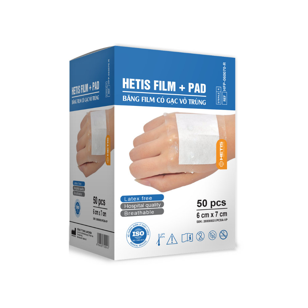 Băng dính có gạc vô khuẩn Hetis Film + Pad (Hộp 50 miếng, 6x7cm)