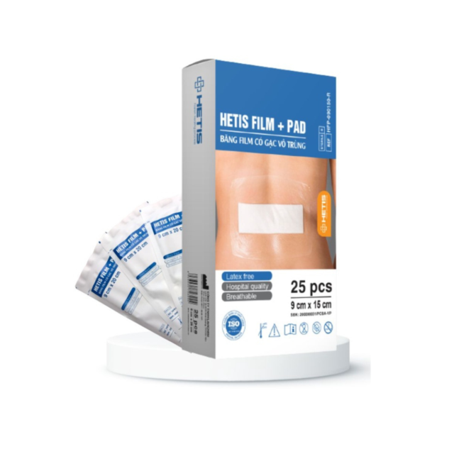 Băng dính có gạc vô khuẩn Hetis Non-Woven Pad (Hộp 25 miếng, 9x15 cm)